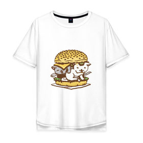 Мужская футболка хлопок Oversize с принтом Котбургер , 100% хлопок | свободный крой, круглый ворот, “спинка” длиннее передней части | булка | бургер | гамбургер | детский | еда | животные | картинка | кот | коте | котенок | котята | кошка | милые | рисунок | смешные | сыр | чизбургер