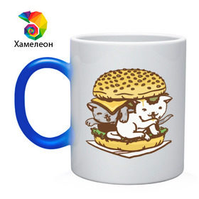 Кружка хамелеон с принтом Котбургер , керамика | меняет цвет при нагревании, емкость 330 мл | Тематика изображения на принте: булка | бургер | гамбургер | детский | еда | животные | картинка | кот | коте | котенок | котята | кошка | милые | рисунок | смешные | сыр | чизбургер