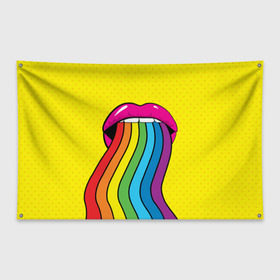 Флаг-баннер с принтом Pop art , 100% полиэстер | размер 67 х 109 см, плотность ткани — 95 г/м2; по краям флага есть четыре люверса для крепления | fun | lip color | mouth | pop art | rainbow | reggae | spectrum | style | summer | teeth | yellow | веселье | губы | желтый | зубы | лето | поп арт | радуга | рот | спектр | стиль | цвет