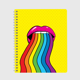 Тетрадь с принтом Pop art , 100% бумага | 48 листов, плотность листов — 60 г/м2, плотность картонной обложки — 250 г/м2. Листы скреплены сбоку удобной пружинной спиралью. Уголки страниц и обложки скругленные. Цвет линий — светло-серый
 | fun | lip color | mouth | pop art | rainbow | reggae | spectrum | style | summer | teeth | yellow | веселье | губы | желтый | зубы | лето | поп арт | радуга | рот | спектр | стиль | цвет