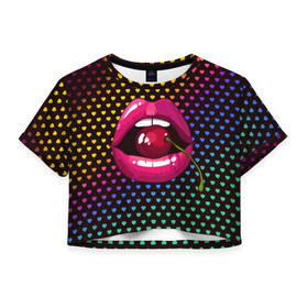 Женская футболка 3D укороченная с принтом Pop art , 100% полиэстер | круглая горловина, длина футболки до линии талии, рукава с отворотами | cherry | colorful | fashion | funny | gesture | lips | lipstick | makeup | mouth | pop art | rainbow | style | веселый | вишенка | вишня | губы | жест | зубы | клубный | любовь | макияж | мода | помада | поп арт | прикольный | радуга | рот | стиль | страс