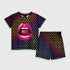 Детский костюм с шортами 3D с принтом Pop art ,  |  | cherry | colorful | fashion | funny | gesture | lips | lipstick | makeup | mouth | pop art | rainbow | style | веселый | вишенка | вишня | губы | жест | зубы | клубный | любовь | макияж | мода | помада | поп арт | прикольный | радуга | рот | стиль | страс