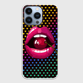 Чехол для iPhone 13 Pro с принтом Pop art ,  |  | Тематика изображения на принте: cherry | colorful | fashion | funny | gesture | lips | lipstick | makeup | mouth | pop art | rainbow | style | веселый | вишенка | вишня | губы | жест | зубы | клубный | любовь | макияж | мода | помада | поп арт | прикольный | радуга | рот | стиль | страс