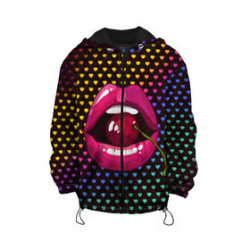 Детская куртка 3D с принтом Pop art , 100% полиэстер | застежка — молния, подол и капюшон оформлены резинкой с фиксаторами, по бокам — два кармана без застежек, один потайной карман на груди, плотность верхнего слоя — 90 г/м2; плотность флисового подклада — 260 г/м2 | cherry | colorful | fashion | funny | gesture | lips | lipstick | makeup | mouth | pop art | rainbow | style | веселый | вишенка | вишня | губы | жест | зубы | клубный | любовь | макияж | мода | помада | поп арт | прикольный | радуга | рот | стиль | страс
