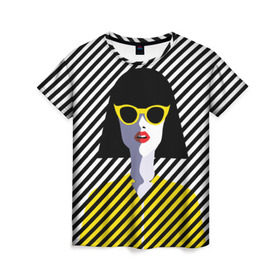 Женская футболка 3D с принтом Pop art girl , 100% полиэфир ( синтетическое хлопкоподобное полотно) | прямой крой, круглый вырез горловины, длина до линии бедер | abstraction | bright | color | fashion | hair | lines | lips | pop art | rack | red | style | yellow | абстракция | губы | желтый | каре | красный | линии | мода | очки | поп арт | прическа | стиль | цвет | яркий