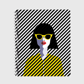 Тетрадь с принтом Pop art girl , 100% бумага | 48 листов, плотность листов — 60 г/м2, плотность картонной обложки — 250 г/м2. Листы скреплены сбоку удобной пружинной спиралью. Уголки страниц и обложки скругленные. Цвет линий — светло-серый
 | abstraction | bright | color | fashion | hair | lines | lips | pop art | rack | red | style | yellow | абстракция | губы | желтый | каре | красный | линии | мода | очки | поп арт | прическа | стиль | цвет | яркий