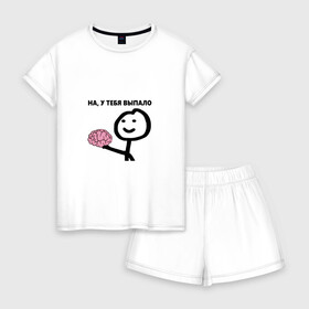Женская пижама с шортиками хлопок с принтом На у Тебя Выпало , 100% хлопок | футболка прямого кроя, шорты свободные с широкой мягкой резинкой | Тематика изображения на принте: мем | мозг | прикол