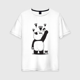 Женская футболка хлопок Oversize с принтом Панда наследил , 100% хлопок | свободный крой, круглый ворот, спущенный рукав, длина до линии бедер
 | бамбук | бамбуковый медведь | банка | животное | зубы | капли | когти | краска | красная книга | лапы | мишка | панда | подтеки | прикол | прикольный | рисует | следы | черный | япония