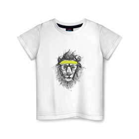 Детская футболка хлопок с принтом Лев В Очках , 100% хлопок | круглый вырез горловины, полуприлегающий силуэт, длина до линии бедер | animal | lion | фитнес
