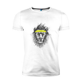 Мужская футболка премиум с принтом Лев В Очках , 92% хлопок, 8% лайкра | приталенный силуэт, круглый вырез ворота, длина до линии бедра, короткий рукав | animal | lion | фитнес