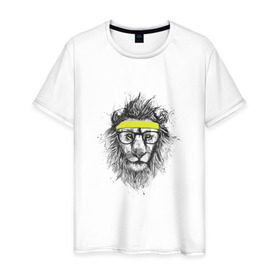 Мужская футболка хлопок с принтом Лев В Очках , 100% хлопок | прямой крой, круглый вырез горловины, длина до линии бедер, слегка спущенное плечо. | animal | lion | фитнес
