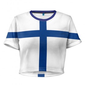 Женская футболка 3D укороченная с принтом Флаг Финляндии , 100% полиэстер | круглая горловина, длина футболки до линии талии, рукава с отворотами | finland | flag | suomi | финляндия | флаг