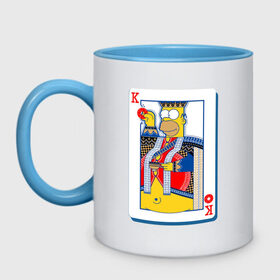 Кружка двухцветная с принтом Гомер Король , керамика | объем — 330 мл, диаметр — 80 мм. Цветная ручка и кайма сверху, в некоторых цветах — вся внутренняя часть | homer | king | poker | simpsons | барт | гомер | карты | король | мульт | мультфильм | покер | симпсоны