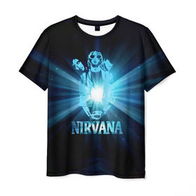Мужская футболка 3D с принтом Группа Nirvana , 100% полиэфир | прямой крой, круглый вырез горловины, длина до линии бедер | kurt cobain | nirvana | вечная память | гитара | гранж | кумир | курт кобейн | лучи | микрофон | музыкант | надпись | нирвана | певец | рок | свет
