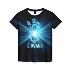 Женская футболка 3D с принтом Группа Nirvana , 100% полиэфир ( синтетическое хлопкоподобное полотно) | прямой крой, круглый вырез горловины, длина до линии бедер | kurt cobain | nirvana | вечная память | гитара | гранж | кумир | курт кобейн | лучи | микрофон | музыкант | надпись | нирвана | певец | рок | свет