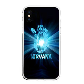 Чехол для iPhone XS Max матовый с принтом Группа Nirvana , Силикон | Область печати: задняя сторона чехла, без боковых панелей | kurt cobain | nirvana | вечная память | гитара | гранж | кумир | курт кобейн | лучи | микрофон | музыкант | надпись | нирвана | певец | рок | свет