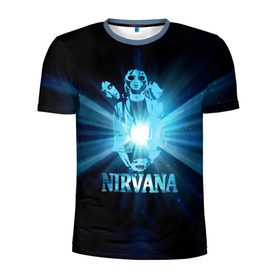 Мужская футболка 3D спортивная с принтом Группа Nirvana , 100% полиэстер с улучшенными характеристиками | приталенный силуэт, круглая горловина, широкие плечи, сужается к линии бедра | kurt cobain | nirvana | вечная память | гитара | гранж | кумир | курт кобейн | лучи | микрофон | музыкант | надпись | нирвана | певец | рок | свет