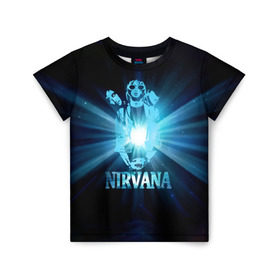 Детская футболка 3D с принтом Группа Nirvana , 100% гипоаллергенный полиэфир | прямой крой, круглый вырез горловины, длина до линии бедер, чуть спущенное плечо, ткань немного тянется | Тематика изображения на принте: kurt cobain | nirvana | вечная память | гитара | гранж | кумир | курт кобейн | лучи | микрофон | музыкант | надпись | нирвана | певец | рок | свет