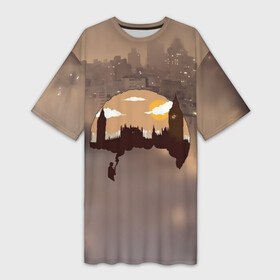 Платье-футболка 3D с принтом Шерлок Холмс Лондон ,  |  | актер | англия | бенедикт камбербэтч | биг бен | ватсон | великобритания | город | дома | дым | закат | королевство | лицо | лондон | мариарти | сериал | телесериал | трафарет | туманный альбион | улицы