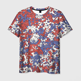 Мужская футболка 3D с принтом Бело-сине-красный камуфляж , 100% полиэфир | прямой крой, круглый вырез горловины, длина до линии бедер | Тематика изображения на принте: белый | красный | милитари | паттрен | россия | синий | текстура | триколор | флаг