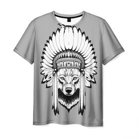 Мужская футболка 3D с принтом Волк - индеец , 100% полиэфир | прямой крой, круглый вырез горловины, длина до линии бедер | арт | минимализм | мода | стиль