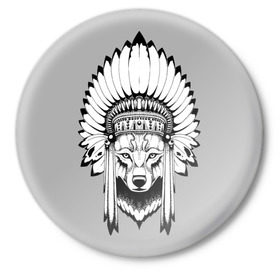 Значок с принтом Волк - индеец ,  металл | круглая форма, металлическая застежка в виде булавки | арт | минимализм | мода | стиль