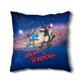 Подушка 3D с принтом Itchy & Scratchy space , наволочка – 100% полиэстер, наполнитель – холлофайбер (легкий наполнитель, не вызывает аллергию). | состоит из подушки и наволочки. Наволочка на молнии, легко снимается для стирки | Тематика изображения на принте: simpsons | the itchy  scratchy | симпсоны | щекотка и царапка