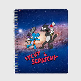 Тетрадь с принтом Itchy & Scratchy space , 100% бумага | 48 листов, плотность листов — 60 г/м2, плотность картонной обложки — 250 г/м2. Листы скреплены сбоку удобной пружинной спиралью. Уголки страниц и обложки скругленные. Цвет линий — светло-серый
 | simpsons | the itchy  scratchy | симпсоны | щекотка и царапка