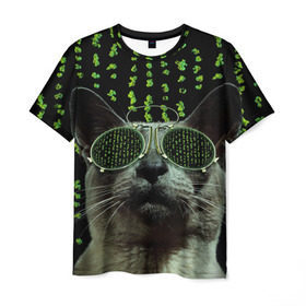 Мужская футболка 3D с принтом Кот в матрице , 100% полиэфир | прямой крой, круглый вырез горловины, длина до линии бедер | кот | матрица | очки