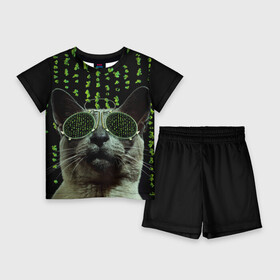 Детский костюм с шортами 3D с принтом Кот в матрице ,  |  | кот | матрица | очки