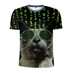 Мужская футболка 3D спортивная с принтом Кот в матрице , 100% полиэстер с улучшенными характеристиками | приталенный силуэт, круглая горловина, широкие плечи, сужается к линии бедра | кот | матрица | очки