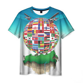 Мужская футболка 3D с принтом Флаги , 100% полиэфир | прямой крой, круглый вырез горловины, длина до линии бедер | америка | казахстан | карта | россия | туризм | флаг | флаги | шар