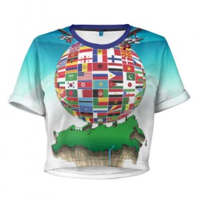 Женская футболка 3D укороченная с принтом Флаги , 100% полиэстер | круглая горловина, длина футболки до линии талии, рукава с отворотами | америка | казахстан | карта | россия | туризм | флаг | флаги | шар