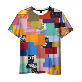 Мужская футболка 3D с принтом Цветные лоскуты , 100% полиэфир | прямой крой, круглый вырез горловины, длина до линии бедер | color | spray | капли красок | лоскуты | одежда | радуга | разноцветные | цветные