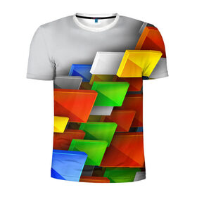 Мужская футболка 3D спортивная с принтом Абстрактные фигуры , 100% полиэстер с улучшенными характеристиками | приталенный силуэт, круглая горловина, широкие плечи, сужается к линии бедра | грань | краски | кубик | кубики | линии | мозаика | разноцветные кубы | ребро | текстура | тени | узор