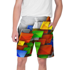 Мужские шорты 3D с принтом Абстрактные фигуры ,  полиэстер 100% | прямой крой, два кармана без застежек по бокам. Мягкая трикотажная резинка на поясе, внутри которой широкие завязки. Длина чуть выше колен | грань | краски | кубик | кубики | линии | мозаика | разноцветные кубы | ребро | текстура | тени | узор