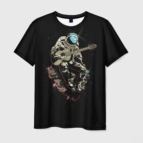 Мужская футболка 3D с принтом Космонавт с гитарой , 100% полиэфир | прямой крой, круглый вырез горловины, длина до линии бедер | гитара | звезды | земля | космонавт | космос | рок | сфера