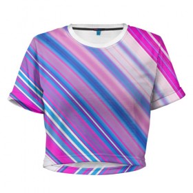 Женская футболка 3D укороченная с принтом Фиолетовые полоски , 100% полиэстер | круглая горловина, длина футболки до линии талии, рукава с отворотами | полоски | текстура | узор | фиолетовый