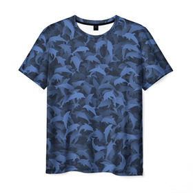 Мужская футболка 3D с принтом Камуфляж с дельфинами , 100% полиэфир | прямой крой, круглый вырез горловины, длина до линии бедер | Тематика изображения на принте: вода | дельфин | дельфины | милитари | море | океан | паттерн | синий | текстура | черное