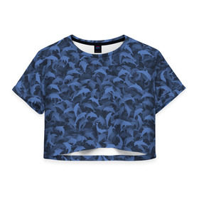 Женская футболка 3D укороченная с принтом Камуфляж с дельфинами , 100% полиэстер | круглая горловина, длина футболки до линии талии, рукава с отворотами | вода | дельфин | дельфины | милитари | море | океан | паттерн | синий | текстура | черное