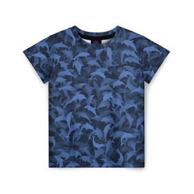 Детская футболка 3D с принтом Камуфляж с дельфинами , 100% гипоаллергенный полиэфир | прямой крой, круглый вырез горловины, длина до линии бедер, чуть спущенное плечо, ткань немного тянется | вода | дельфин | дельфины | милитари | море | океан | паттерн | синий | текстура | черное