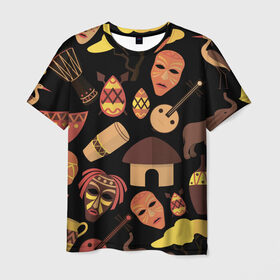 Мужская футболка 3D с принтом Бужумбура , 100% полиэфир | прямой крой, круглый вырез горловины, длина до линии бедер | африка | барабан | маска | слон | черный