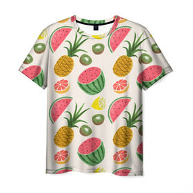 Мужская футболка 3D с принтом Тропический рай , 100% полиэфир | прямой крой, круглый вырез горловины, длина до линии бедер | Тематика изображения на принте: ананас | арбуз | киви | лимон | манго | паттерн | тропики | фрукты