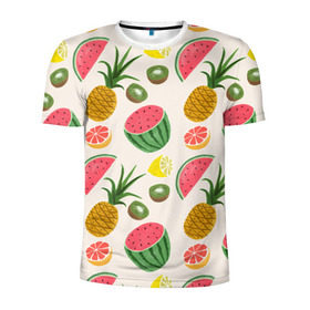 Мужская футболка 3D спортивная с принтом Тропический рай , 100% полиэстер с улучшенными характеристиками | приталенный силуэт, круглая горловина, широкие плечи, сужается к линии бедра | ананас | арбуз | киви | лимон | манго | паттерн | тропики | фрукты
