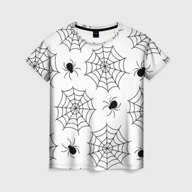 Женская футболка 3D с принтом Паутинка , 100% полиэфир ( синтетическое хлопкоподобное полотно) | прямой крой, круглый вырез горловины, длина до линии бедер | белый | паук | паутина | узор | хэллоуин | черный