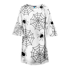 Детское платье 3D с принтом Паутинка , 100% полиэстер | прямой силуэт, чуть расширенный к низу. Круглая горловина, на рукавах — воланы | Тематика изображения на принте: белый | паук | паутина | узор | хэллоуин | черный
