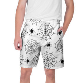 Мужские шорты 3D с принтом Паутинка ,  полиэстер 100% | прямой крой, два кармана без застежек по бокам. Мягкая трикотажная резинка на поясе, внутри которой широкие завязки. Длина чуть выше колен | Тематика изображения на принте: белый | паук | паутина | узор | хэллоуин | черный