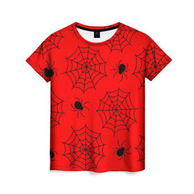 Женская футболка 3D с принтом Happy Halloween , 100% полиэфир ( синтетическое хлопкоподобное полотно) | прямой крой, круглый вырез горловины, длина до линии бедер | белый | паук | паутина | узор | хэллоуин | черный