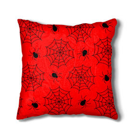 Подушка 3D с принтом Happy Halloween , наволочка – 100% полиэстер, наполнитель – холлофайбер (легкий наполнитель, не вызывает аллергию). | состоит из подушки и наволочки. Наволочка на молнии, легко снимается для стирки | белый | паук | паутина | узор | хэллоуин | черный