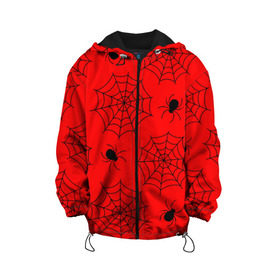 Детская куртка 3D с принтом Happy Halloween , 100% полиэстер | застежка — молния, подол и капюшон оформлены резинкой с фиксаторами, по бокам — два кармана без застежек, один потайной карман на груди, плотность верхнего слоя — 90 г/м2; плотность флисового подклада — 260 г/м2 | Тематика изображения на принте: белый | паук | паутина | узор | хэллоуин | черный